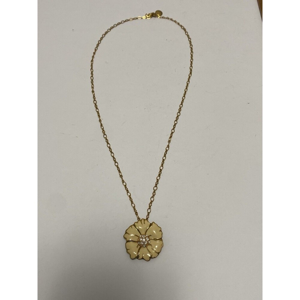 J CREW Gold-tone Beige Enamel Flower Necklace 26" hallmarked J Crew